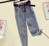 High waist slim foot nine point jeans women 2022 spring and autumn sequin patch Joker slim pencil pants