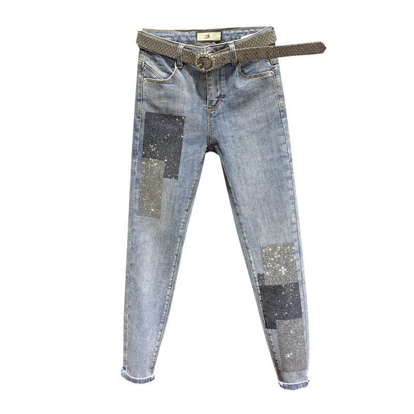 High waist slim foot nine point jeans women 2022 spring and autumn sequin patch Joker slim pencil pants