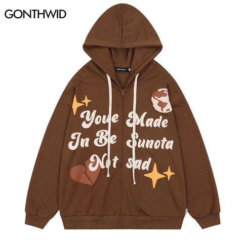 Hip Hop Hoodie Sweatshirt Streetwear Harajuku Foam Letter Print Zipper Hooded Sweatshirt Hip Hop Casual Loose Hoodies