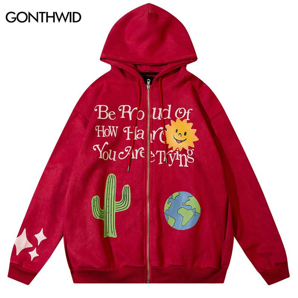 Hip Hop Suede Sweatshirt Hoodie Jacket Y2K Cactus Print Zip Up Hooded Coats Streetwear Harajuku Casual Zipper Jackets