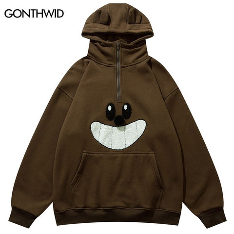 Hip Hop Sweatshirt Hoodie Streetwear Harajuku Embroidery Bear Letter Half Zip Up Fleece Pullover Hooded Casual Tops Y2K