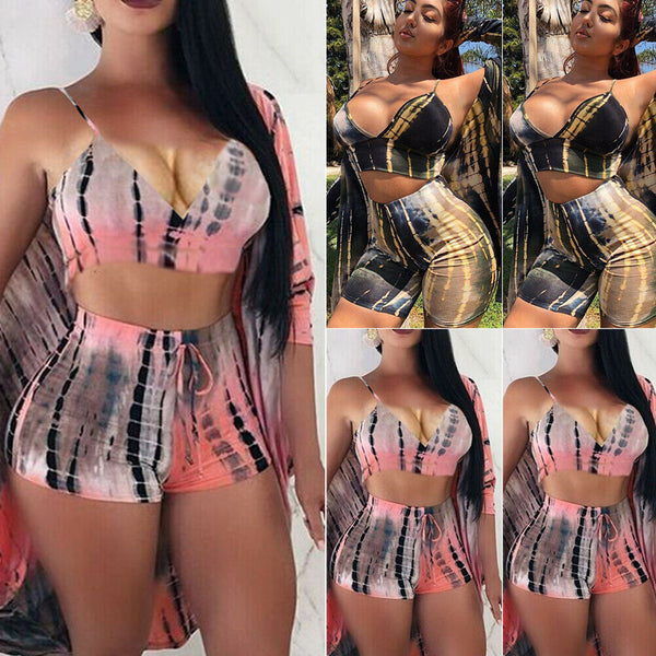 Hirigin Women Sexy 2 Piece Outfits Sleeveless Crop Top Bandage Shorts Set Print Suit Beachwear