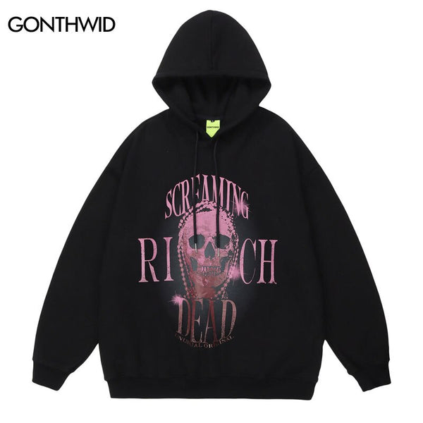 Hoodie Streetwear Sweatshirt Hip Hop Skull Skeleton Letter Print Punk Gothic Pullover Hooded 2023 Harajuku Loose Hoodies