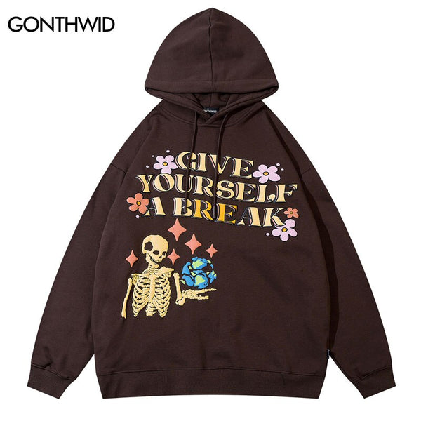 Hoodies Hip Hop Skull Skeleton Letter Print Hooded Sweatshirt Streetwear 2023 Harajuku Casual Loose Oversized Pullovers