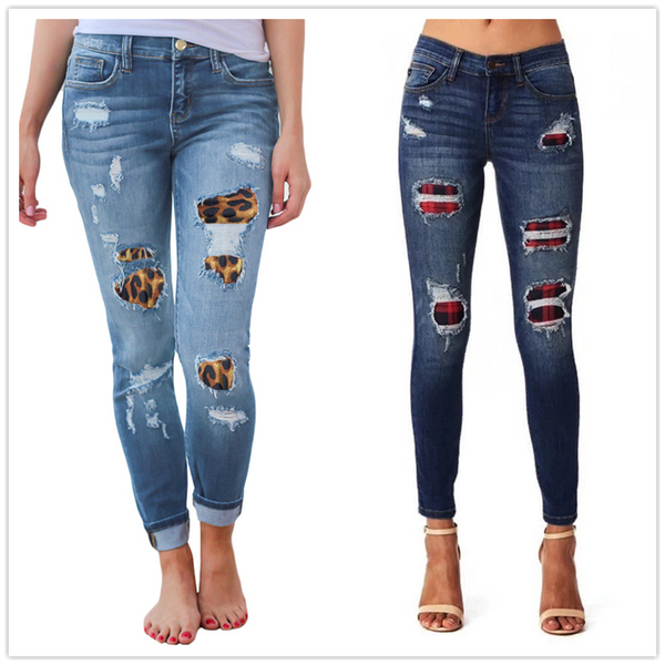 women's ripped leopard print jeans stretch Skinny denim pencil pants Street casual hipster jeans S-2XL