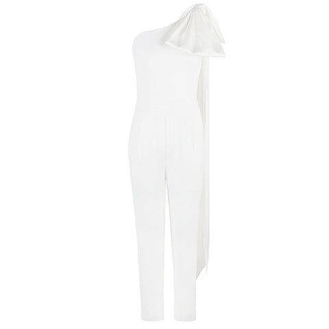 Elegant Solid White Bow Bodycon Women Jumpsuits Sexy One Shoulder Slash Neck Backless Full Length Women Bodysuits 2022