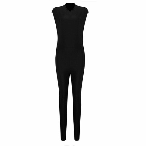 Sexy O Neck Backless Beading Women Bandage Jumpsuits Solid Black Bodycon Women Bodysuits Fashion Full Length Romper