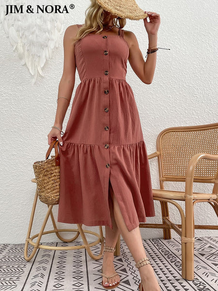 JIM & NORA 2023 Sexy Women Spaghetti Strap Sleeveless Backless Bottons Midi Dresses Casual Slit Soild Colour Vestidos Fashion