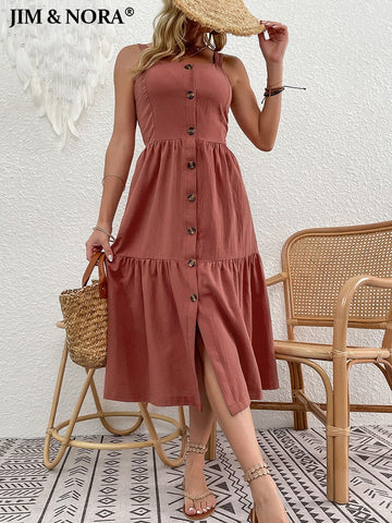 JIM & NORA 2023 Sexy Women Spaghetti Strap Sleeveless Backless Bottons Midi Dresses Casual Slit Soild Colour Vestidos Fashion