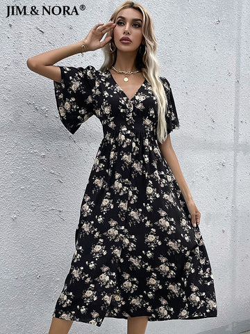 JIM & NORA 2023 Summer Vestidos Black Floral Printed V Neck Short Sleeve Midi Dress For Women Casual Loose Dresses