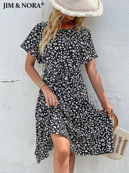 JIM & NORA 2023 Women Summer Casual Short Sleeve Round Neck Midi Dresses Floral Printed Vestidos Beach Sundress