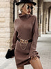 JIM & NORA Autumn Long Sleeve High Neck Knit Sweater Midi Dress Women Casual Outdoor Wear Soild Colour Loose Dresses Hot