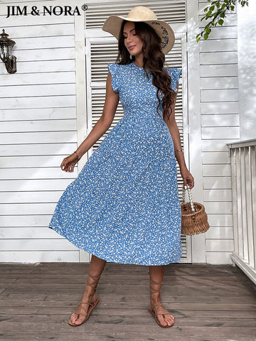 JIM & NORA Beach Vestidos 2023 Summer Short Sleeve Round Neck Midi Dresses Casual Floral Printed Swing Tunic Vintage Dress