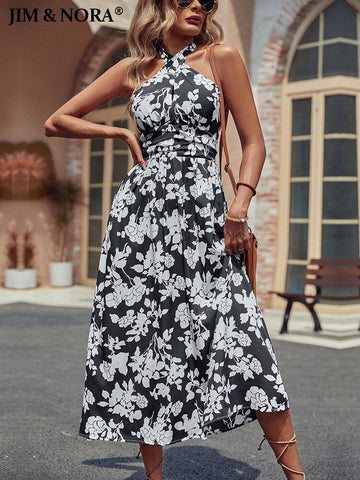 JIM & NORA Casual Vestidos Halter Sleeveless Backless Sexy Folds Tunic Dresses Women Floral Black Midi Dress 2023 Summer Fashion