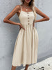 JIM & NORA Casual Women Spaghetti Strapless Sling Sleeveless Ruffle Midi Dresses Soild Colour Buttons Vestidos Dress