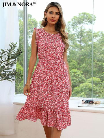 JIM & NORA Elegant Printed Casual Beach Midi Dresses Women Summer O-neck Ruffle Sleeve  A-Line Dress Sundress Vestido Robe