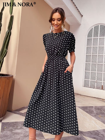 JIM & NORA Elegant Summer Beach Sundress Midi Dress Women Boho Chiffon Polka Dot Casual Mid-length Temperament Retro Dresses