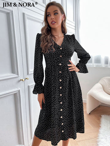 JIM & NORA Elegant Women Long Sleeve V Neck Dot Printed Buttons Midi Dress 2023 Autumn Dresses Casual Holiday