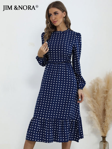 JIM & NORA Women Casual Long Sleeve Dot Print Autumn Midi Dress Ladies Loose Tunic Dresses Holiday Outdoor Vestidos