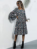 JIM & NORA Long Flare Sleeve Round Neck Casual Floral Print Midi Dress With Belt Women Sundress Holiday Vestidos