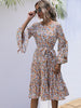 JIM & NORA Long Flare Sleeve Round Neck Casual Floral Print Midi Dress With Belt Women Sundress Holiday Vestidos