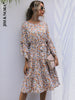 JIM & NORA Long Flare Sleeve Round Neck Casual Floral Print Midi Dress With Belt Women Sundress Holiday Vestidos