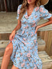 JIM & NORA Summer Beach Sundress Short Sleeve V Neck Midi Dress Women Casual Floral Printed Blue Flounced Edge Vestidos Fashion