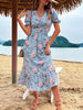 JIM & NORA Summer Beach Sundress Short Sleeve V Neck Midi Dress Women Casual Floral Printed Blue Flounced Edge Vestidos Fashion