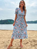 JIM & NORA Summer Beach Sundress Short Sleeve V Neck Midi Dress Women Casual Floral Printed Blue Flounced Edge Vestidos Fashion