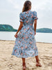 JIM & NORA Summer Beach Sundress Short Sleeve V Neck Midi Dress Women Casual Floral Printed Blue Flounced Edge Vestidos Fashion