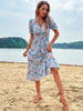 JIM & NORA Summer Beach Sundress Short Sleeve V Neck Midi Dress Women Casual Floral Printed Blue Flounced Edge Vestidos Fashion