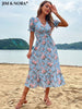 JIM & NORA Summer Beach Sundress Short Sleeve V Neck Midi Dress Women Casual Floral Printed Blue Flounced Edge Vestidos Fashion