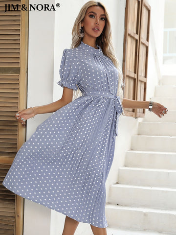 JIM & NORA Summer Formal Office Women Chiffon Polka Dot Midi Dresses Casual Mid-length Temperament Retro Dress Fashion