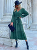 JIM & NORA Women Autumn Long Sleeve Pleated Midi Dress Soild Colour V Neck Ruffles Tunic Dresses Casual Folds Vestidos Fashion