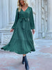 JIM & NORA Women Autumn Long Sleeve Pleated Midi Dress Soild Colour V Neck Ruffles Tunic Dresses Casual Folds Vestidos Fashion