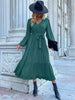 JIM & NORA Women Autumn Long Sleeve Pleated Midi Dress Soild Colour V Neck Ruffles Tunic Dresses Casual Folds Vestidos Fashion