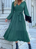 JIM & NORA Women Autumn Long Sleeve Pleated Midi Dress Soild Colour V Neck Ruffles Tunic Dresses Casual Folds Vestidos Fashion