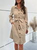 JIM & NORA Women Autumn Polo Collar Long Sleeve Shirt Dress Midi Dresses Pocket Button Shirt Office Dress Casual Loose Vestidos