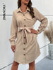 JIM & NORA Women Autumn Polo Collar Long Sleeve Shirt Dress Midi Dresses Pocket Button Shirt Office Dress Casual Loose Vestidos