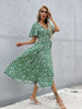 JIM & NORA Women Casual Vestidos Butterfly Short Sleeve V Neck Floral Printed Midi Dresses Green Slit Slim Fit Dress Fashion