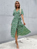 JIM & NORA Women Casual Vestidos Butterfly Short Sleeve V Neck Floral Printed Midi Dresses Green Slit Slim Fit Dress Fashion