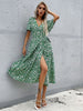 JIM & NORA Women Casual Vestidos Butterfly Short Sleeve V Neck Floral Printed Midi Dresses Green Slit Slim Fit Dress Fashion