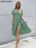 JIM & NORA Women Casual Vestidos Butterfly Short Sleeve V Neck Floral Printed Midi Dresses Green Slit Slim Fit Dress Fashion