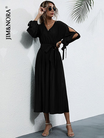 JIM & NORA Women Long Sleeve Hollow Out V Neck Tunic Midi Dress Soild Colour Ruffle Pleated Dresses Casual Vestidos New