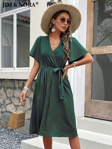 JIM & NORA Women Summer Elegant V Neck Ruffle Midi Dress Short Sleeve Solid Button Up Casual Green Dresses with Belt Fashion