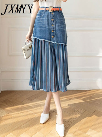 imCharms 2023 Spring And Autumn Large Size High Waist All-Match Women's Denim Skirt Stitching Midi Skirt