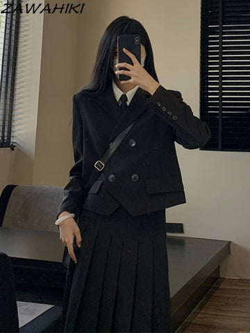 Japanese Jk Unifrom Sets Autumn Suit Blazer Pleated Skirt Women Elegant Loose Short Coat Double Breasted Midi Skirt Women Set