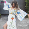 Embroidered Women Maxi Dress V-Neck Batwing Sleeve Loose Plus Size Summer Dresses Drawstring Waist Boho Beach Vestidos