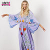 Embroidered Women Maxi Dress V-Neck Batwing Sleeve Loose Plus Size Summer Dresses Drawstring Waist Boho Beach Vestidos