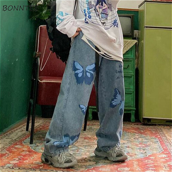 Jeans Women Baggy Denim Couple Streetwear Chic Popular High Waisted Butterfly Pattern Pockets Full Length Straight Trouser Daily